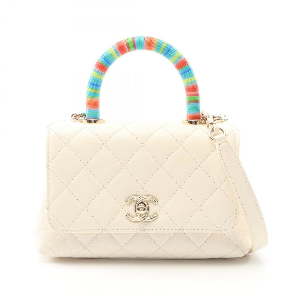 Chanel Coco Handle Top Handbag Lambskin Leather White Multicolor